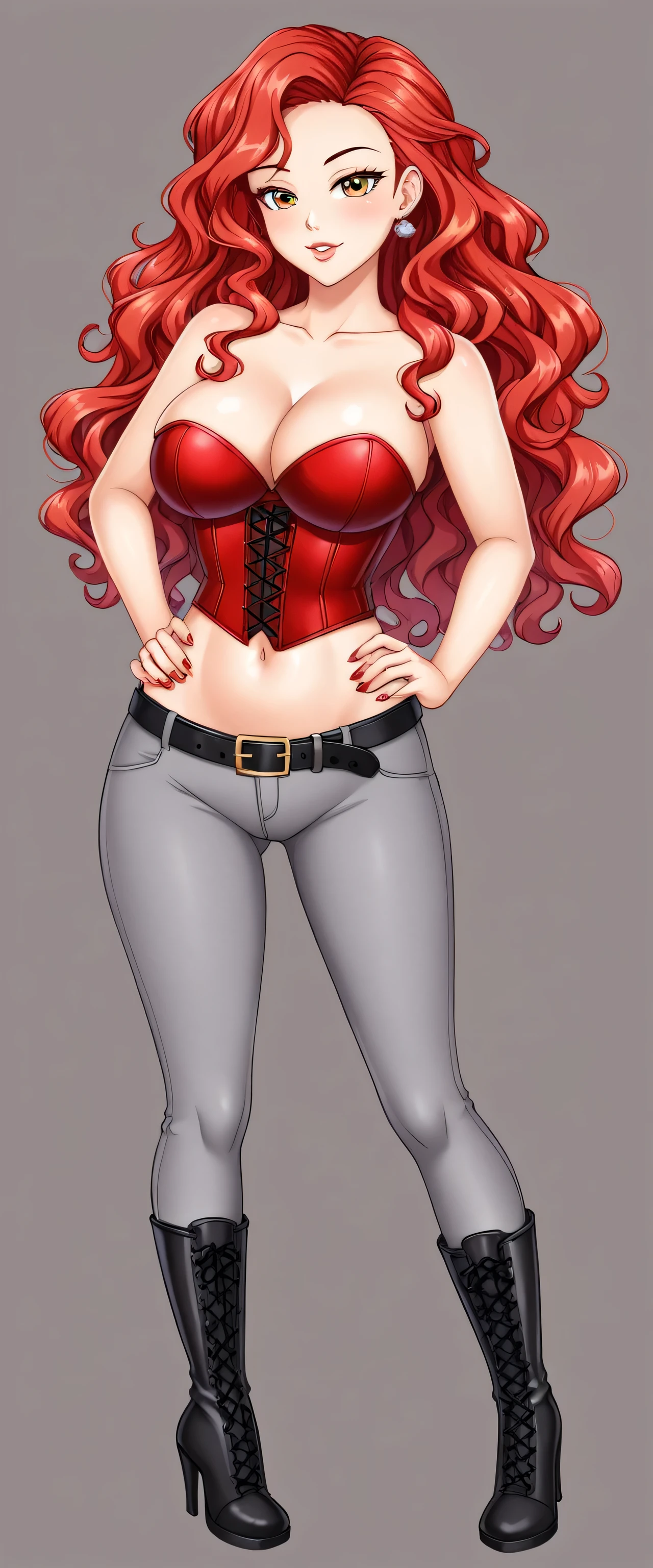  a tall, beautiful, and curvy woman with red wavy hair is depicted. She exudes happiness and sexiness, with a kind expression and striking red-tipped eyelashes. Her eye color is a captivating clear red. She is dressed in a stunning red corset top, revealing her navel, and a fitted gray pant with a black belt. Her outfit is completed by a pair of coffee-colored boots showcasing the character's detailed features and the dynamic