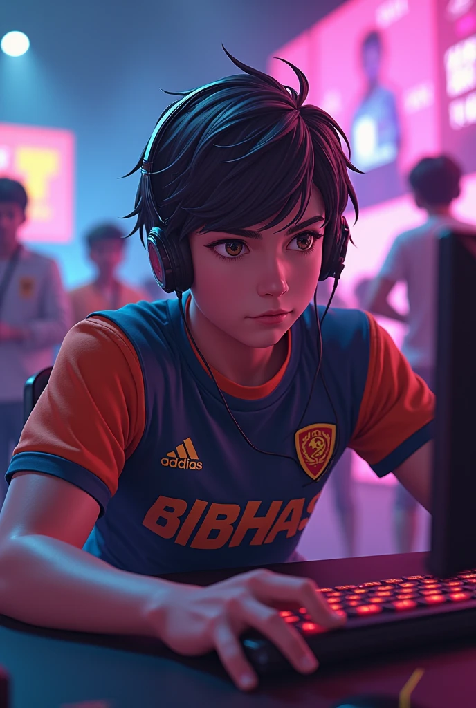 A20yes old boy playing for India free fire eSports with his Jersey named as b i b h a s having a muscular body anime face