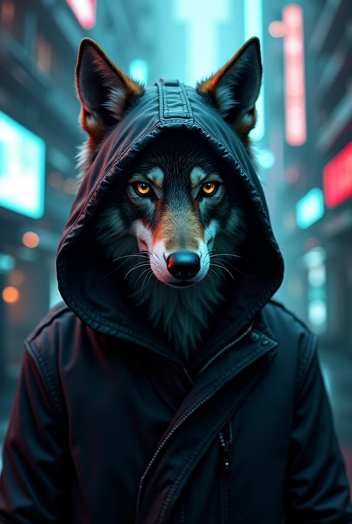 Hooded wolf hacker style front tech style
