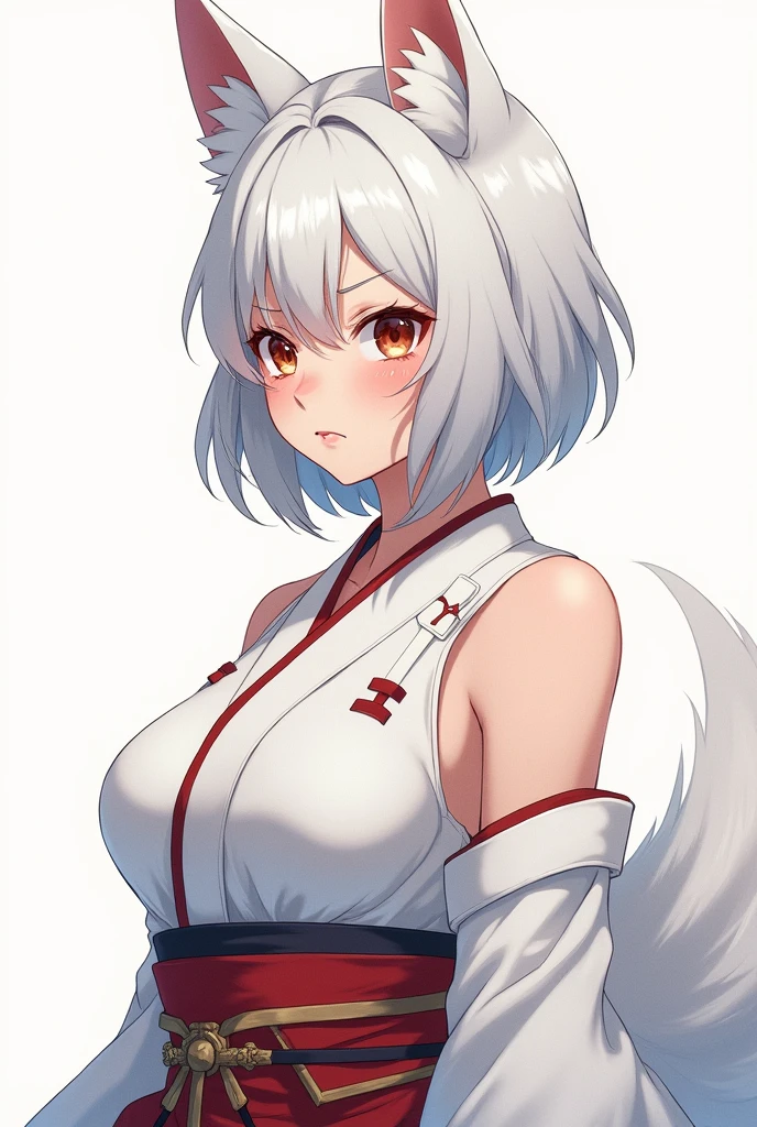 Draw in anime style a girl with very big tits, curvy body, fox ears, short white hair to the shoulders, serious and tender look, samurai in white miko clothes