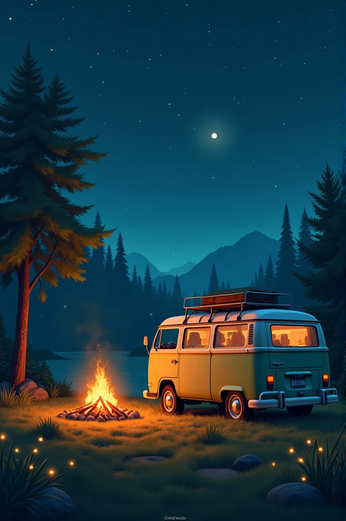there is a van that is parked in the grass by a campfire, cozy night fireflies, lofi artstyle, lofi vibes, lofi art, lofi vibe, under the stars, camping, glowing lights! digital painting, cottagecore hippie, inspired by Alena Aenami, by Alena Aenami, cozy wallpaper, lofi feel