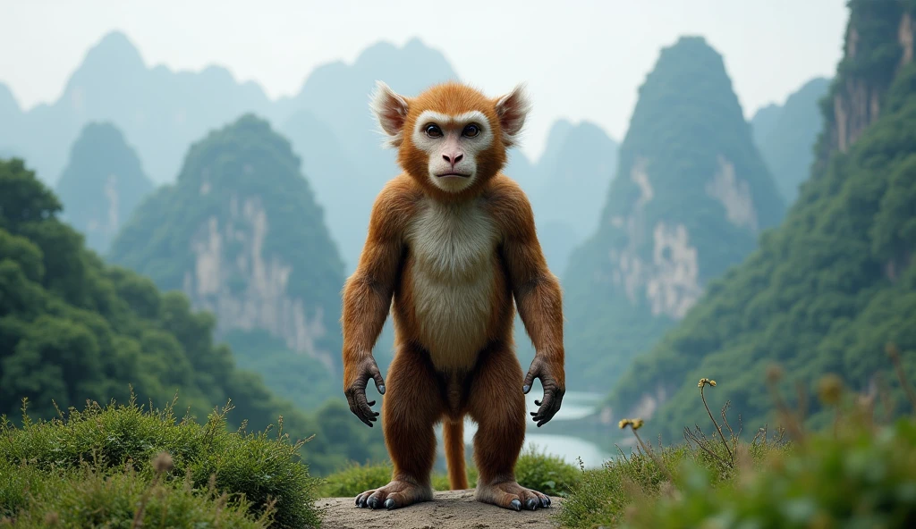 Panoramic front view，There is a wild beast in the mountains of Guilin，It looks like a brown monkey and its ears are white.，Standing upright like a human（best quality，4K，8k，High level，masterpiece：1.2），Ultra Detailed，（lifelike，Photo real，Photo real：1.37）