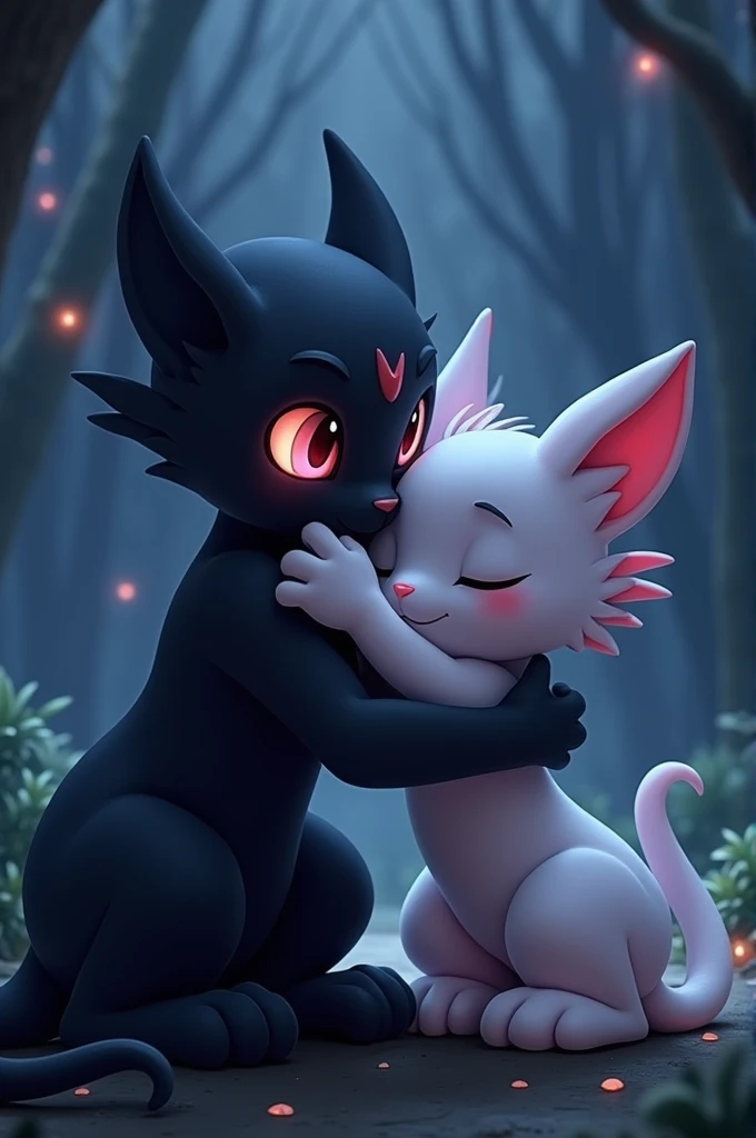 Night Fury and Light Fury hugging each other tenderly