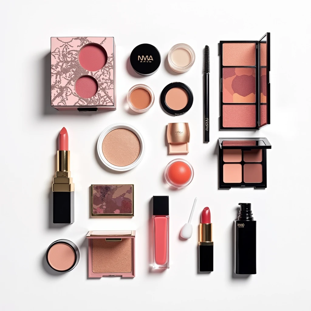 "Colorful cosmetics of various types neatly spaced on a white background, arranged to create a stylish, editorial look."