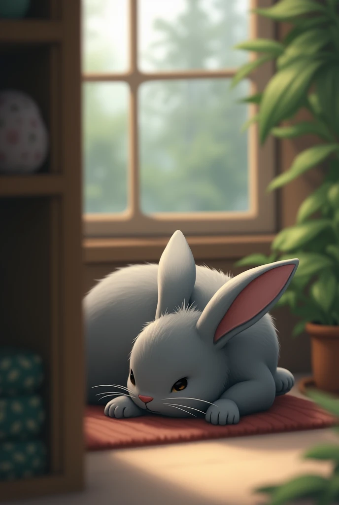 An image where a little less than half on the left side there is a blurred wooden object that covers the entire half of the image in the foreground and on the other side there is a gray rabbit with noticeable fur looking to the left, lying face up, one ear drooping and the other pointing to the left, in the background a window, mostly covered by the standing ear and a little before that some plants on the right side.