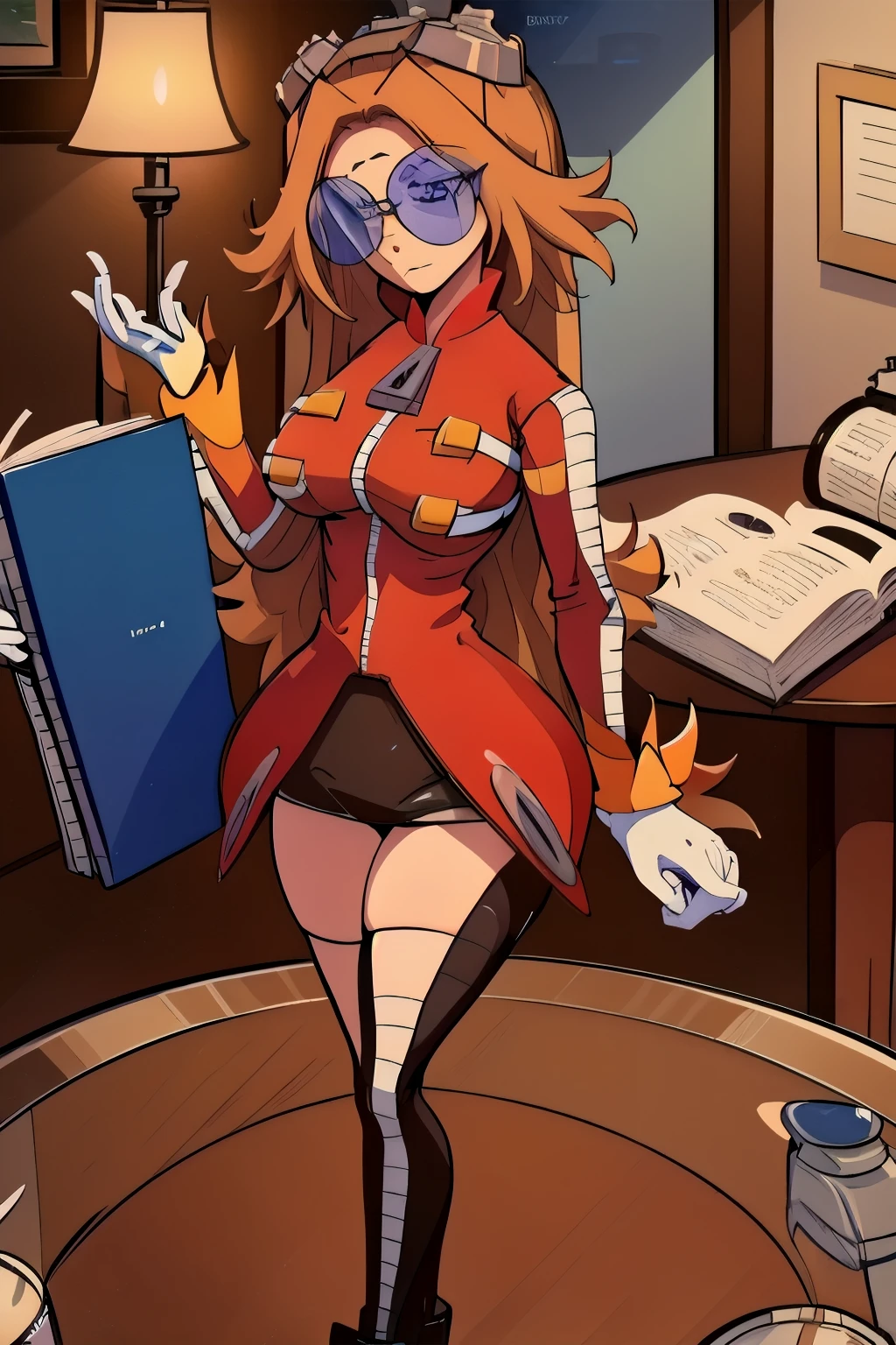 (masterpiece, Best Quality), 1 girl, eggmaam, big breasts, Wide hips, narrow waist, 1 girl, Alone, Orange hair, by the wide, Red jacket, black skirt, Black thigh high boots, white gloves, round glasses, blue tinted glasses, glasses on head, table with a book and a lamp, sleeping, chair