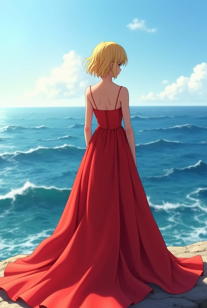 A blonde girl with short hair,white watching the sea,redgown,Youngh,realisitic