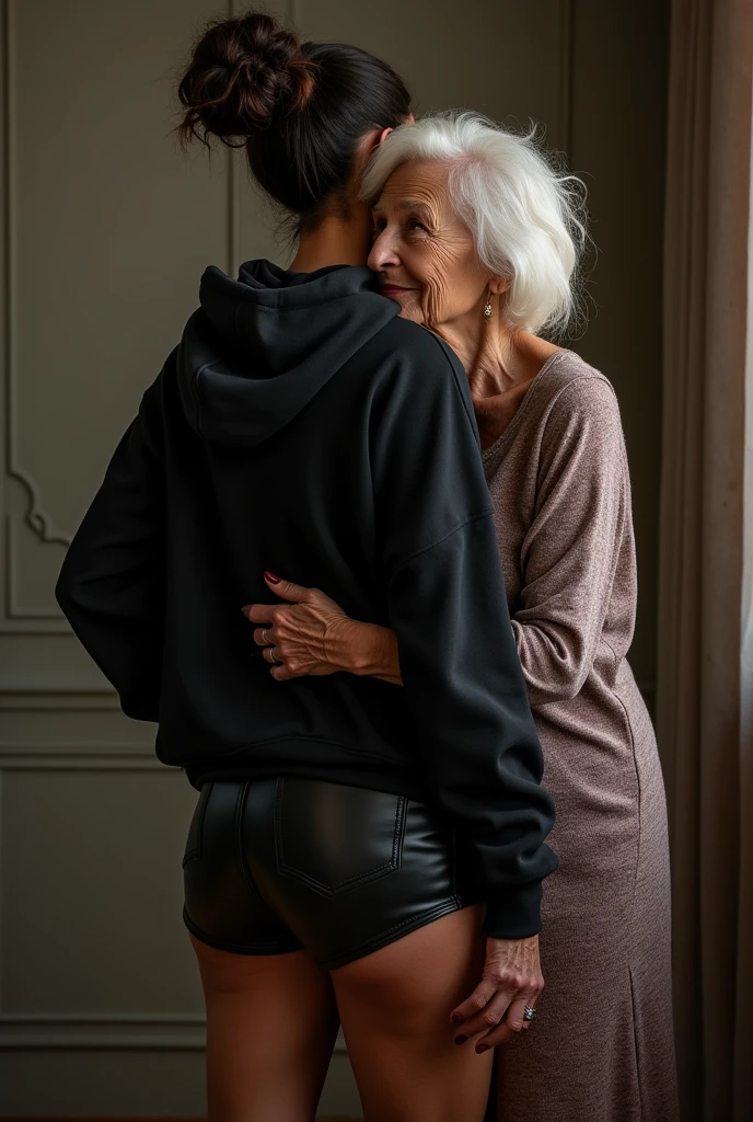 black woman hair in a bun black hoodie black leather short shorts being fucked in the ass by a old grandma in a dress