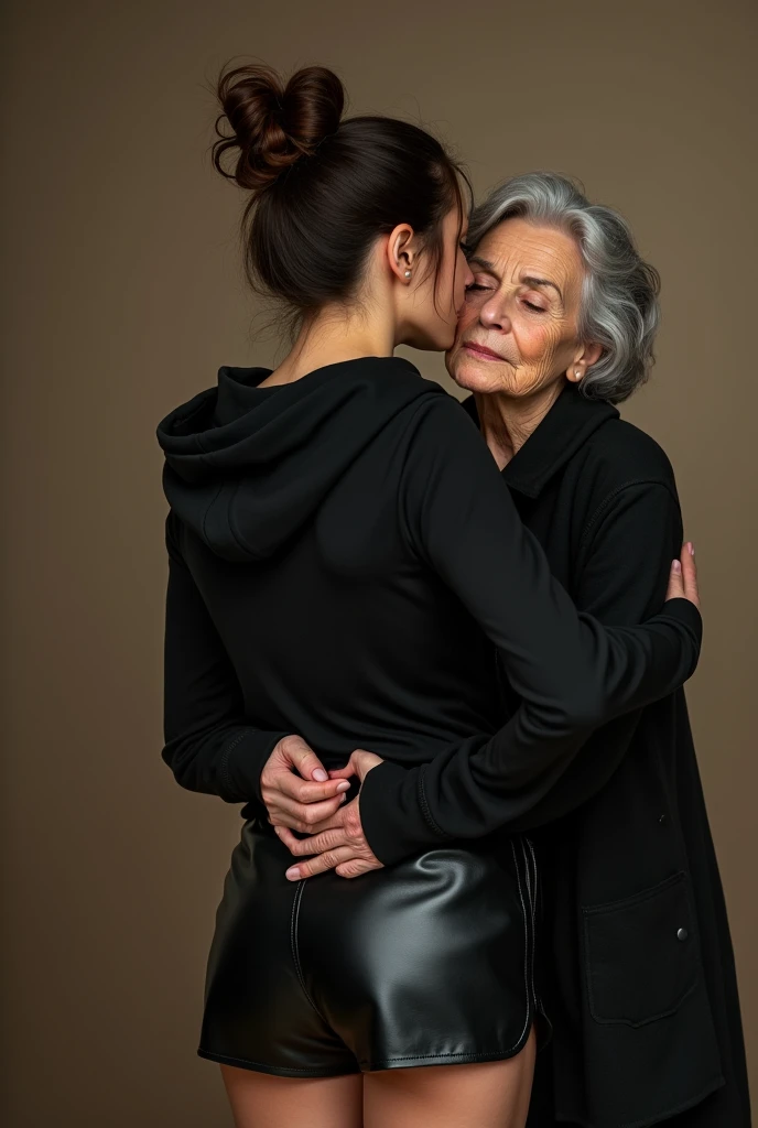 black woman hair in a bun black hoodie   black leather short shorts  being fucked in the ass by a old grandma in a dress
       