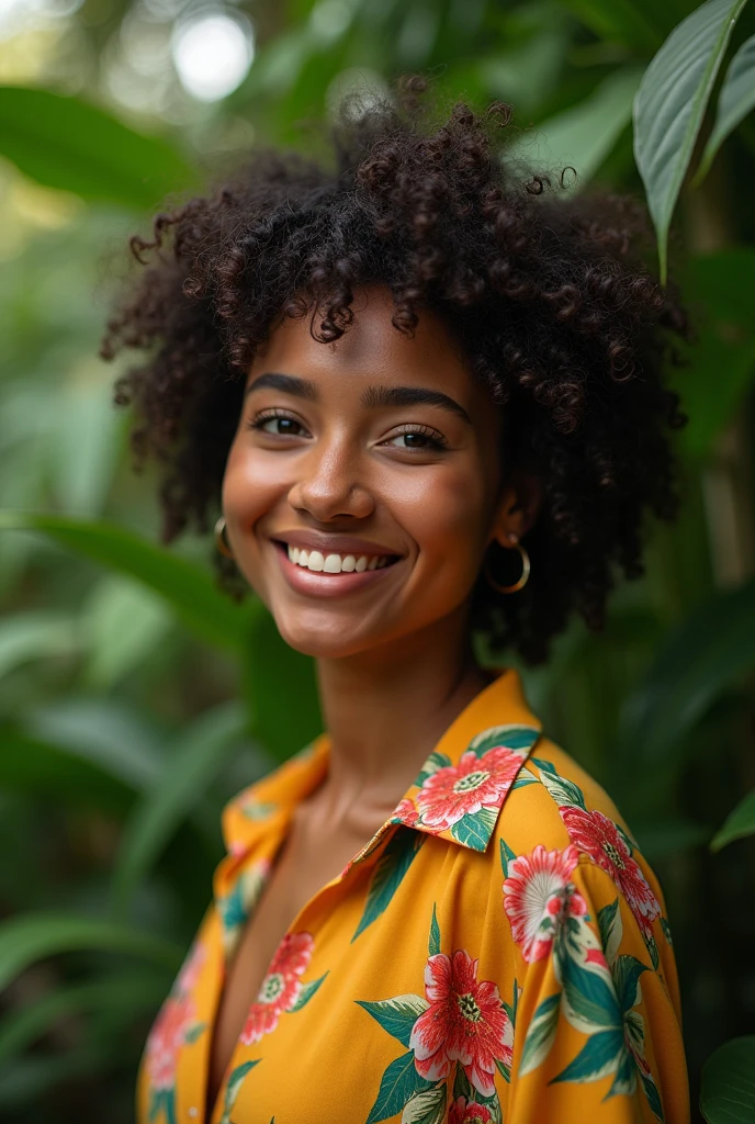 A Brazilian woman in a lush tropical garden, wearing an open shirt with a floral print, with a close-up capturing the harmonious beauty between her breasts and the natural flowers, showing off your natural charm and outgoing personality.
