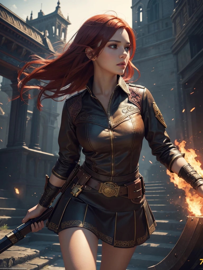 a beautiful girl with short skirt, red hair, in free fire game scene, on a clock tower, (best quality,4k,8k,highres,masterpiece:1.2),ultra-detailed,(realistic,photorealistic,photo-realistic:1.37),highly detailed face and eyes,beautiful detailed eyes,beautiful detailed lips,extremely detailed eyes and face,long eyelashes,dynamic pose,action shot,cinematic lighting,vibrant colors,intricate background details,fantasy,video game art