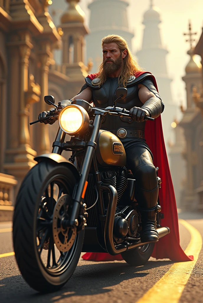 Can you create a image of thor sitting on the yamaha rx 100 and riding it in the streets of asgard with mjolnir 