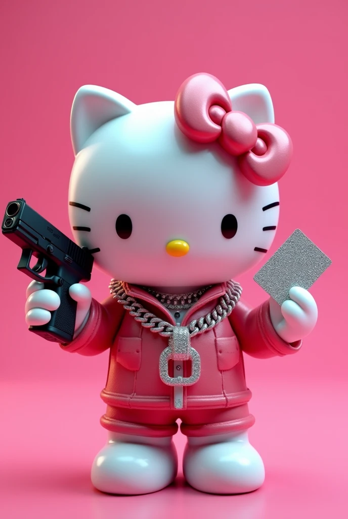 (Hello Kitty white) (3D format) Pink background, that he is holding a credit card in one hand showing it from the front and in the other hand he has a black Glock (that this arm is raised above) (that Hello Kitty has Cubans with diamonds on her neck)