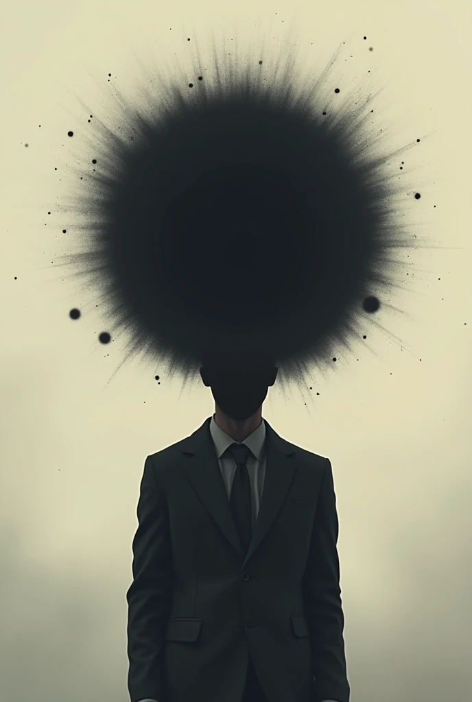 Make a wallpaper of a man with overthinking head don't show mans face make it minimal and make the head aura like blackhole make it animated art don't show any face only Shadow and make it full body