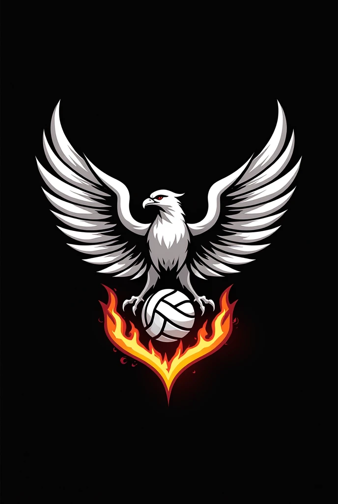 Generate a logo for a volleyball team with a black background and that is made up of a Falcon with a white aura and fire coming out of its wings, a volleyball in the center and a shield