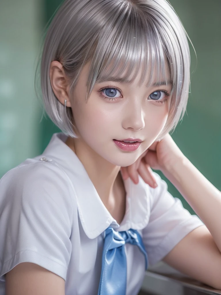 NSFW,(A portrait of a young cutie beautiful girl in school uniform:1.5), with a bright expression, glowing white skin,shimmering cheek, small face,(best looks:1.5),(silver short hair:1.75),(shimmering clear alluring bright large pale blue eyes,downturned eyes,charming eyes,balanced eyes,eyeliner,charming smile,perfect bust:1.25),masterpiece,photorealistic, 16k, high quality, masterpiece,realistic portrait,high resolution fix,(???????,?????? face,sexual climax:1.25)