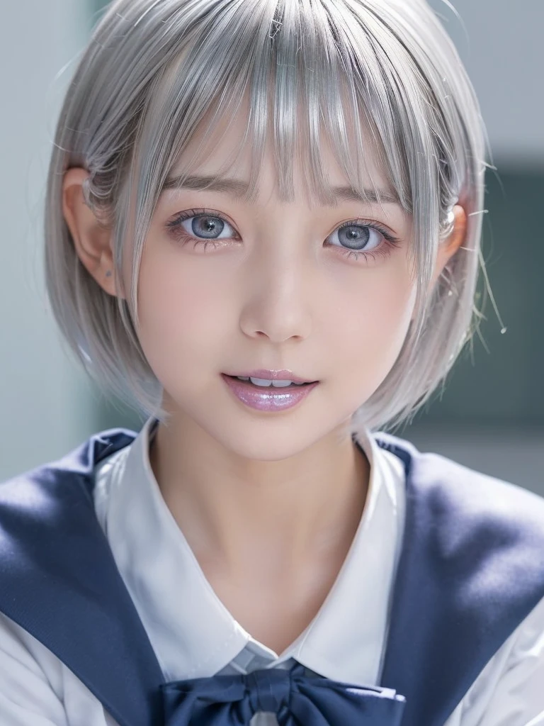 NSFW,(A portrait of a young cutie beautiful girl in school uniform:1.5), with a bright expression, glowing white skin,shimmering cheek, small face,(best looks:1.5),(silver short hair:1.75),(shimmering clear alluring bright large pale blue eyes,downturned eyes,charming eyes,balanced eyes,eyeliner,charming smile,perfect bust:1.25),masterpiece,photorealistic, 16k, high quality, masterpiece,realistic portrait,high resolution fix,(Ecstasy,Orgasm face,sexual climax:1.25)