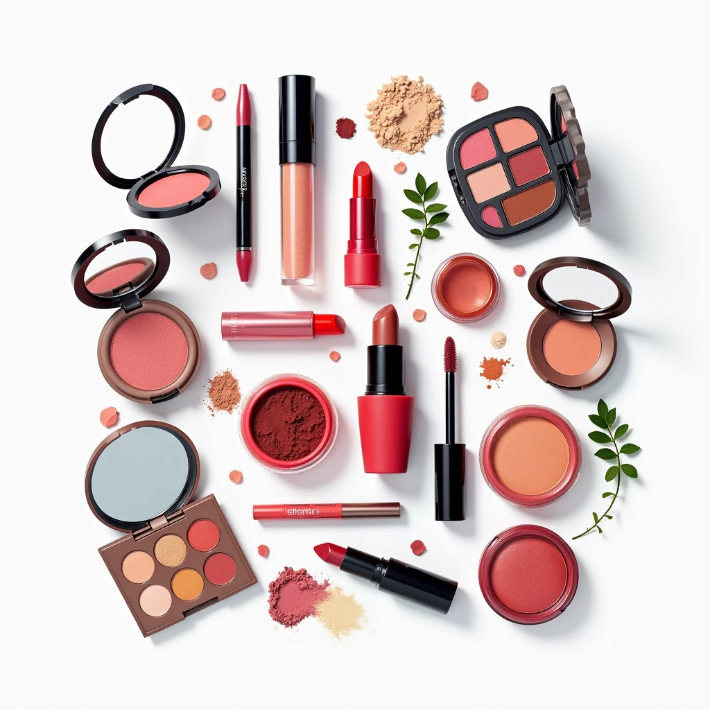 "Colorful cosmetics of various types neatly spaced on a white background, arranged to create a stylish, editorial look."