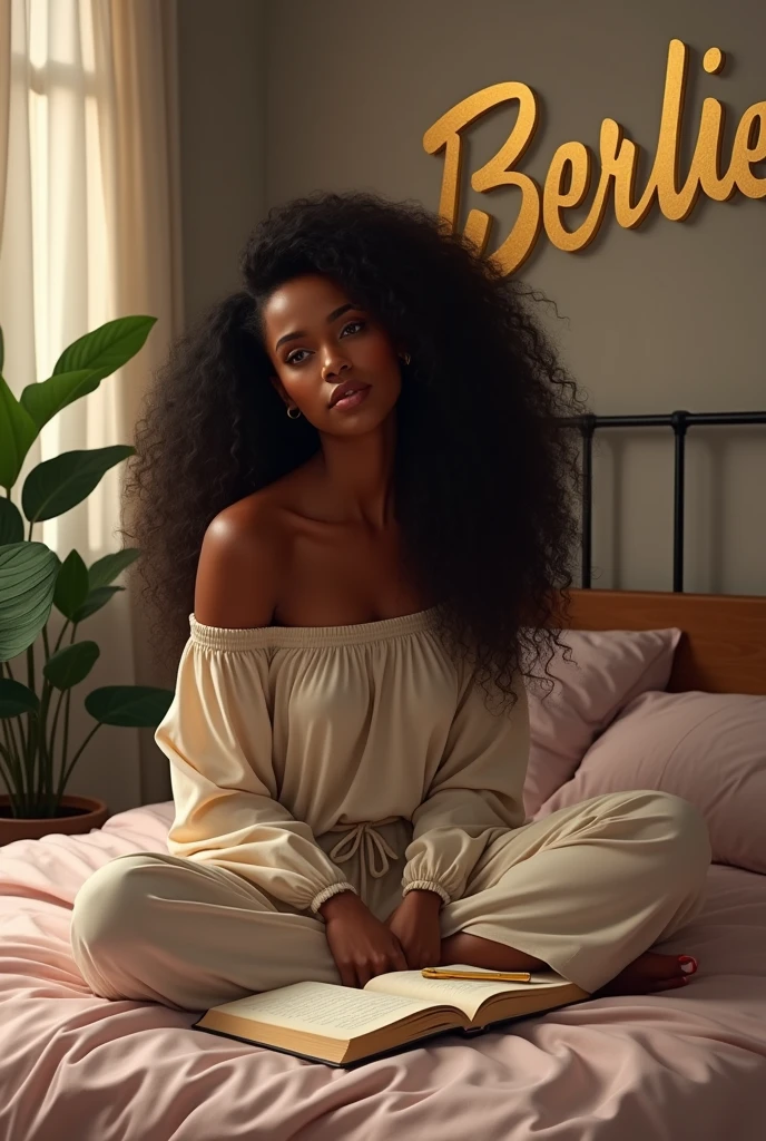 Dessin animé), black beautiful woman, sitting on bed, wearing loose off-shoulder top, pajama pants, long curly hair, indoors, soft lighting, plants in background, a copy Book with a gold Pen on the bed, cozy room, relaxed pose, realistic, intricate details, warm colors, with Berlie write on the wall in gold letters 