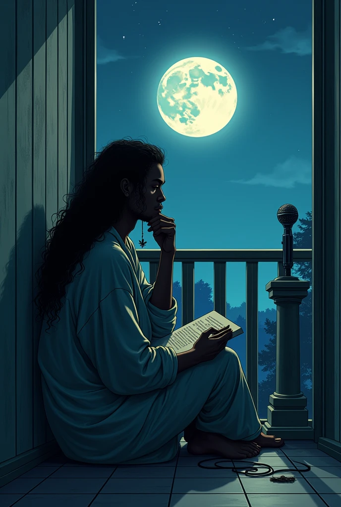creates the image of a man sitting alone in a chair next to his balcony creating poems next to the window with a moon and a serene night, The dark-skinned man with long wavy hair wearing oversized clothing and a hanging marijuana earring and a microphone on a pedestal while creating a feminine shadow, Also add letters that say "Moongirl"