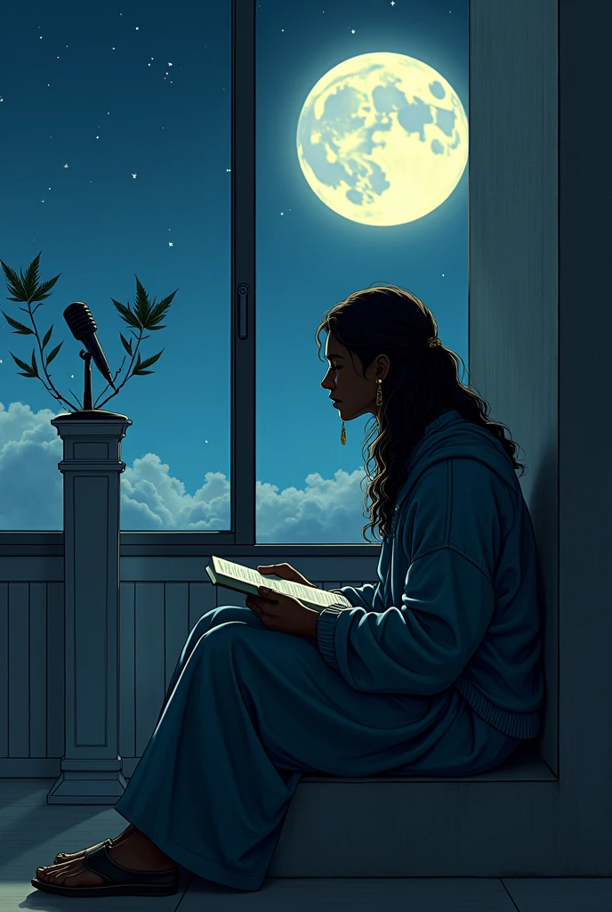 creates the image of a man sitting alone in a chair next to his balcony creating poems next to the window with a moon and a serene night, The dark-skinned man with long wavy hair wearing oversized clothing and a hanging marijuana earring and a microphone on a pedestal while creating a feminine shadow, Also add letters that say "Moongirl"