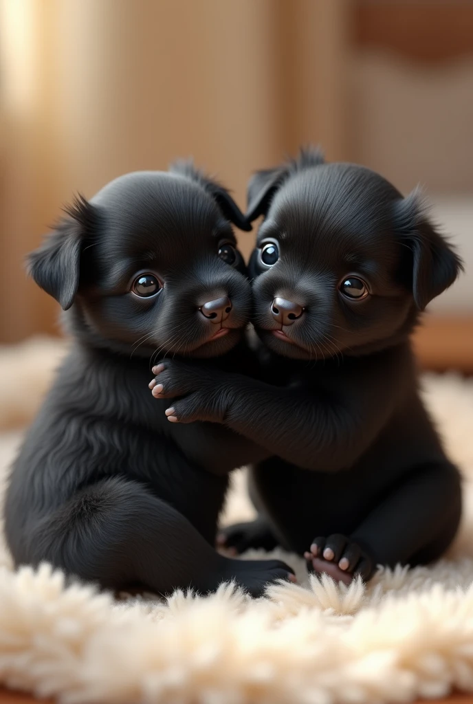 TWO NEWBORN BLACK PUPPY DOG BROTHERS PLAYING WITH EACH OTHER