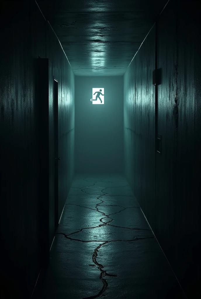 Create an image of a half-dark hallway with a sign that says exit 