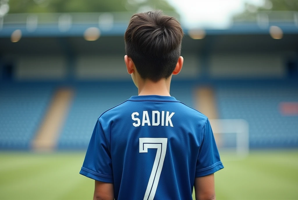 boy wearing a blue jarsey. And the jarsey number is 7.Show the backside.show the name of jarsey Sadik