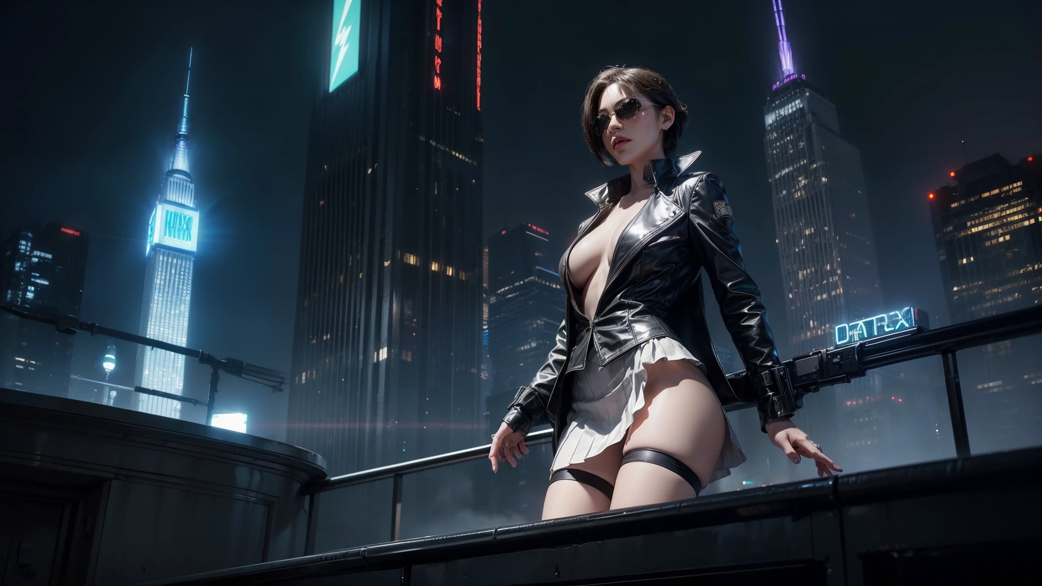 (Wide angle view). Matrix film inspired 1930s New York city, simple outlined neon tall buildings, glowing giant clock tower, cars, lightning, 3D rendering Beeple, Matrix-like glowing cascading code. At night, (1girl, solo, alone), photorealistic, medium-breast slim:0.6 body, oval:0.5 face, cleavage:1.1, sexy costume with deep-v, very low angle view of pleated miniskirt, white laced panty, ((upskirt)), glove, (Matrix style black micro sunglasses), ((aiming viewer with a short gun)), (half-body thigh level close-up shot), cinematic lighting, ray tracing.