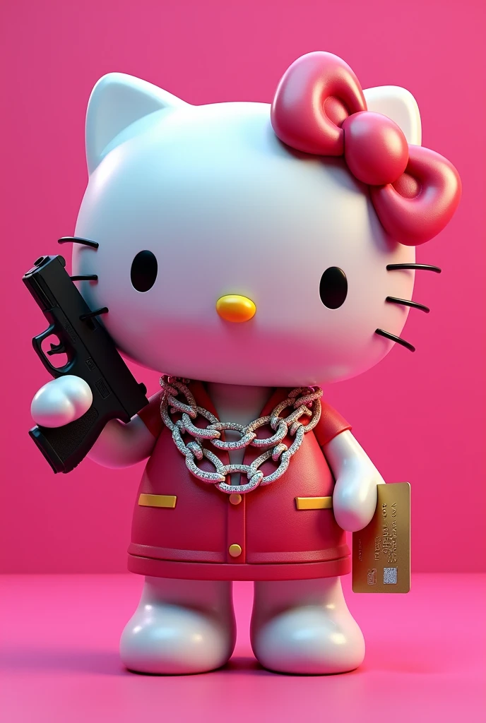(Hello Kitty white) (3D format) Pink background, that he is holding a credit card in one hand showing it from the front and in the other hand he has a black Glock (that this arm is raised above) (that Hello Kitty has Cubans with diamonds on her neck)