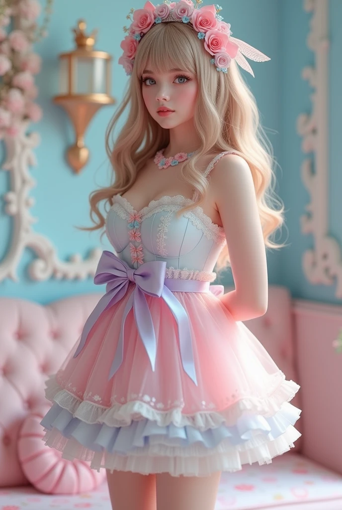 (Highest quality、masterpiece、8k、Best image quality、Hyperrealism、Award-winning works)、1 cute beautiful girl、(alone:1.1)、(1 photo:1.1)、(cute, Girlish, A sheer lolita dress in light pink and light blue:1.2)、(Cute Girlish big ribbon:1.1)、(Cute and luxurious hair accessories:1.1)、(The perfect Lolita dress with attention to detail:1.2)、(A cute dress with frills and ribbons:1.1)、(cute lolita dress with lace decorations:1.1)、(Cute Girlish lolita wavy hair:1.1)、(Low length:1.1)、(height: 140cm:1.1)、(Very large breasts:1.5)、(Glamorous Body:1.5)、(Big cleavage:1.5)、(Pink Roses:1.1)、(cute heart symbol:1.1)、Cute Lots of frills、(Big cute ribbon:1.1)、Accentuate your body lines、Slender body、Standing Elegantly、(Pastel color Girlish and luxurious lolita room background:1.1)、(A fairytale lolita room with attention to detail:1.1)、(cute light blue decorative wall:1.2)、(cute room with a Girlish atmosphere in pastel colors:1.1)、(cute room with very bright and shiny pastel colors:1.4)、(A very bright and shiny room:1.2)、(Full of pastel colors:1.2)、(very bright and vivid:1.4)、(cute pastel color wall decoration:1.2)、Blurred Background、Standing Elegantly Girl、Accurate anatomy、Perfect Makeup、Long eyelashes、Glossy Lips、Ultra HD glossy skin、(Ultra-high definition, bright and beautiful skin:1.2)、(Super bright and radiant skin:1.2)、Ultra-high definition glossy lips、Ultra-high definition beautiful teeth、Light brown and blonde hair、Light brown eyes
