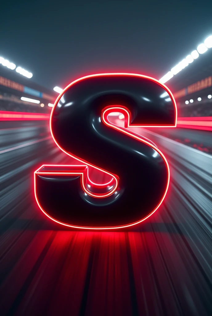 Black letter s with red edges, animated type, with racetrack background