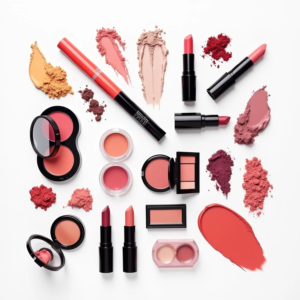 "Colorful cosmetics of various types neatly spaced on a white background, arranged to create a stylish, editorial look."