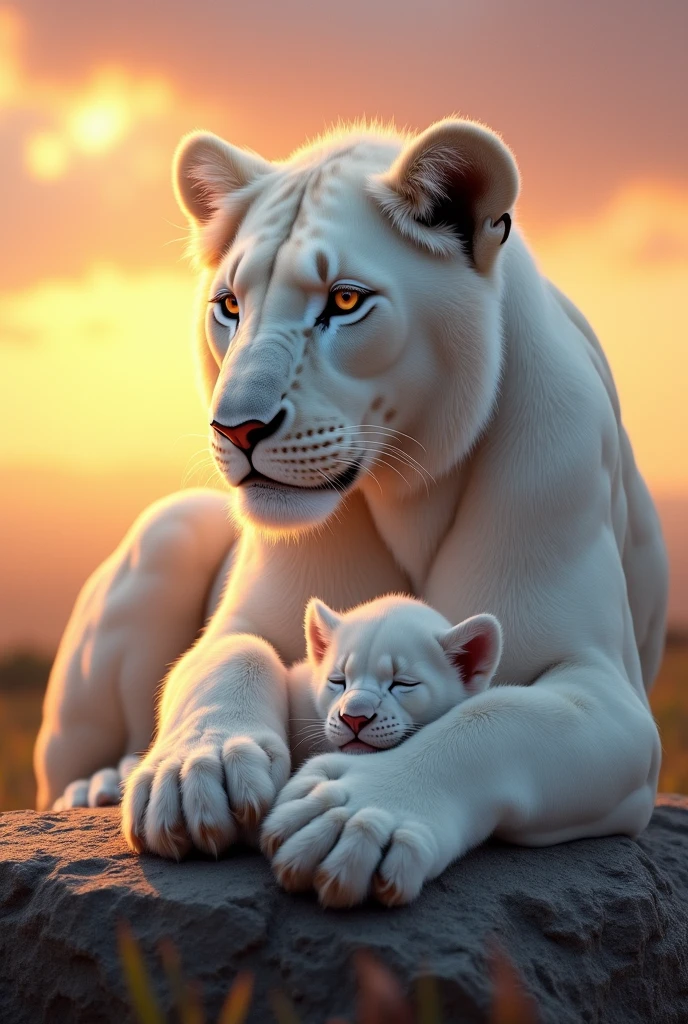 A white female lioness, holding her white puppy, sitting on a rock, In the sunset