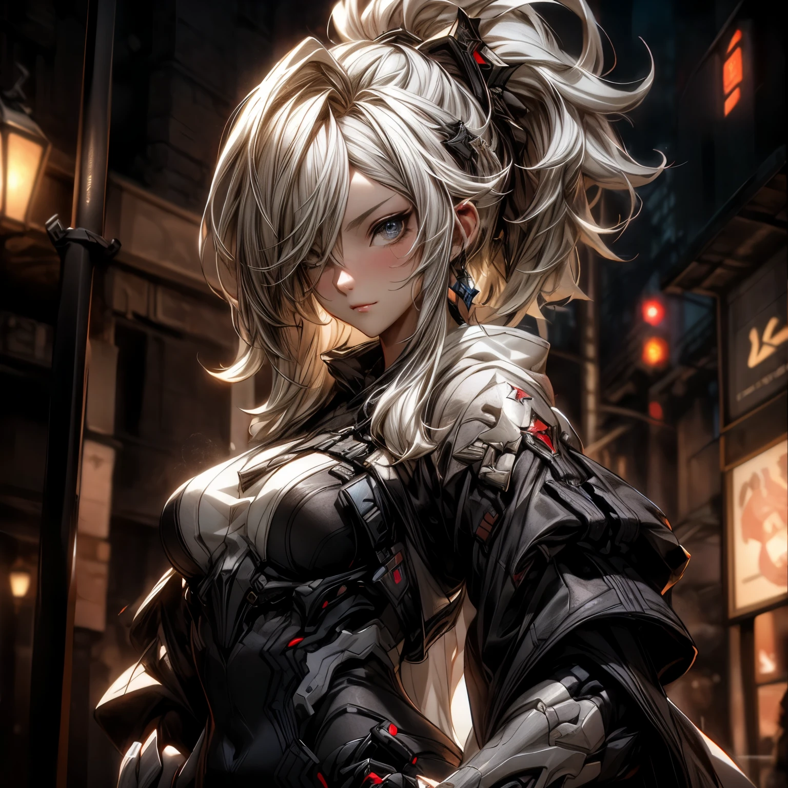 (best quality)), ((Masterpiece)), (details:1.4), 3d, HDR (high dynamic range), an image of a beautiful cyberpunk female, fantasy, Cyberpunk, Medieval, Blonde hair, Highi ponytail, Hips up, Beautiful white eyes, จมูกโด่ง, ปากแดง, หน้าอกใหญ่, nvidia RTX, PBR surface, After processing, Anisotropic filtration,depth of field, Maximum clarity and clarity, multi-layered surface, Subsurface scattering, perfect proportions, 8K raw files, ultra detailed, Perfect proportions, volumetric lighting, soft lighting, Holy Paladin, Heavy Black Armor, glossy skin, intricate silver embroidery, Red dress, Castle background, jewely, ต่างหู, นิ้วมือสมบูรณ์,