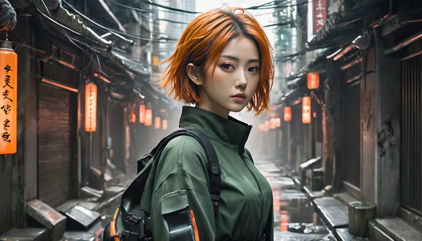 1สาว,สวย,cyberpunk style,บลิง บลิง บลิง บลิง,การเคลื่อนไหวเบลอ,หยดน้ำ,เอฟเฟกต์แสงระดับภาพยนตร์,Traditional Japanese ink wash painting, sumi-e style, bold strokes with modern elements, splashes of color for contrast. Ruriko Akatsuki, standing tensely in a narrow alleyway, her back leaning against a crumbling wall, holding a futuristic handgun close to her side with a calm, determined expression, sharp eyes behind rectangular glasses exuding an Intriguing aura, Her choppy, short orange-tinted hair moves slightly with the tension, She wears headphones, a stylish knee-length skirt, and a form-fitting deep forest green jacket over a black turtleneck top, a multifunctional utility belt filled with survival tools wraps around her waist, dense post-apocalyptic Hong Kong, crumbling walls, maze-like corridors, flickering neon signs faintly lighting the oppressive gloom, with faint light filtering through the tangled web of electrical wires and exposed pipes overhead --ar 3:2 --style raw --stylize 300 --v 6.1