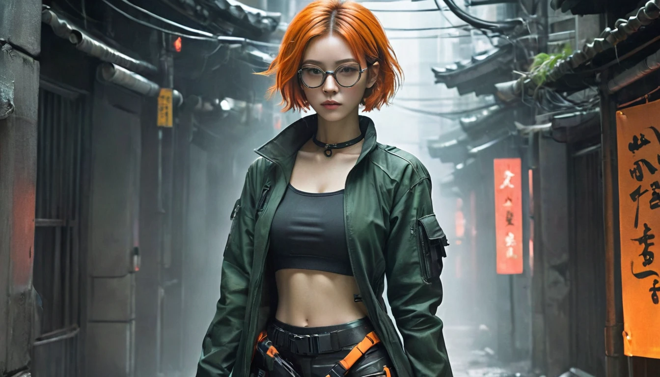 1สาว，สวย，cyberpunk style,บลิง บลิง บลิง บลิง，การเคลื่อนไหวเบลอ，หยดน้ำ，เอฟเฟกต์แสงระดับภาพยนตร์,Traditional Japanese ink wash painting, sumi-e style, bold strokes with modern elements, splashes of color for contrast. Ruriko Akatsuki, standing tensely in a narrow alleyway, her back leaning against a crumbling wall, holding a futuristic handgun close to her side with a calm, determined expression, sharp eyes behind rectangular glasses exuding an Intriguing aura, Her choppy, short orange-tinted hair moves slightly with the tension, She wears headphones, a stylish knee-length skirt, and a form-fitting deep forest green jacket over a black turtleneck top, a multifunctional utility belt filled with survival tools wraps around her waist, dense post-apocalyptic Hong Kong, crumbling walls, maze-like corridors, flickering neon signs faintly lighting the oppressive gloom, with faint light filtering through the tangled web of electrical wires and exposed pipes overhead --ar 3:2 --style raw --stylize 300 --v 6.1