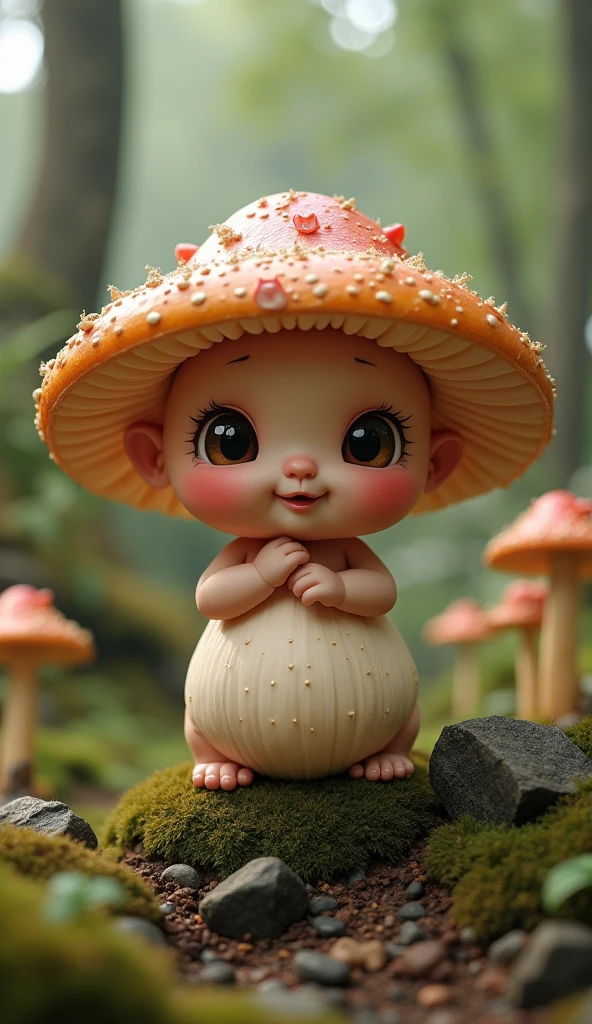 A Magic mushroom as cute baby in realistic in 4k quality