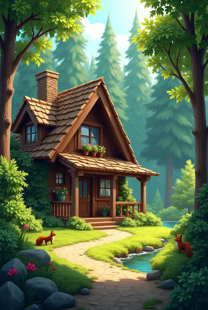 Create an image of a cozy wooden house nestled deep within a dense forest. The house should have a rustic, cottage-like appearance with a stone chimney, large windows, and a porch with a few potted plants. The forest is lush and green, filled with tall trees like pines and oaks, with sunlight filtering through the leaves, casting dappled shadows on the ground. A narrow dirt path leads up to the house, and small woodland animals like squirrels or birds can be seen nearby. Include a gentle stream or small pond close to the house, adding to the serene atmosphere."
