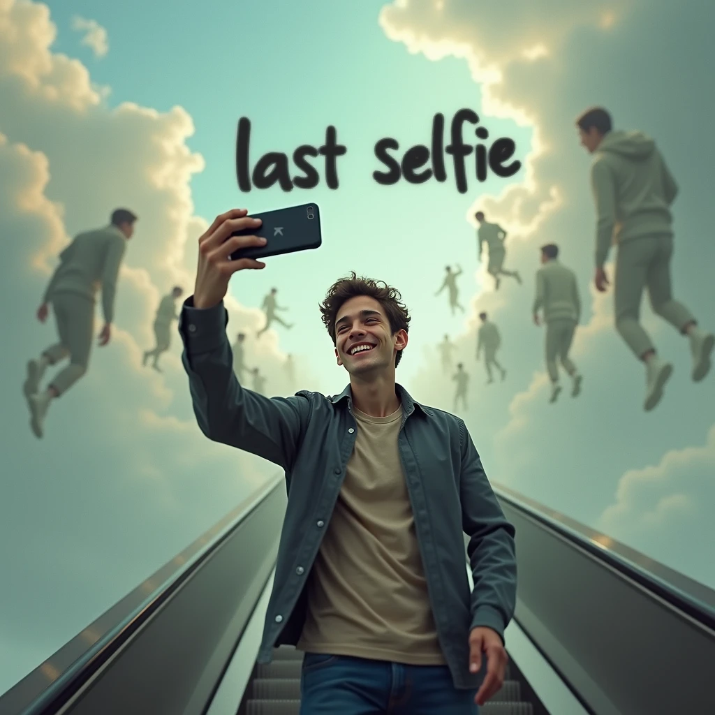 ((Last selfie. Il giovane si scatta un selfie su una scala mobile che, invece di fermarsi a un piano superiore, continua a salire verso un cielo pieno di nuvole surreali e figure bizzarre fluttuanti. La scala sembra non avere fine, scomparendo tra le nuvole, mentre lui si gode il viaggio con un sorriso, ignorando l’assurdità della situazione. Oopps.)). (Suspended in the air between scene and the viewer, a translucent, almost ghostly black message reads exactly: "Last selfie!". The text appears as if it's floating, blurred at the edges, with the letters formed from a faint mist or dark black smoke that lingers in the space. The smoky words are readable, though not overly bright, hovering just in front of his gaze, creating a surreal yet powerful effect. Text exactly says: "Last selfie!". Text says: "Last selfie!". semi-transparent text that reads 'Last selfie!' in a dramatic, bold font. The text almost acts as a title, floating in the air, partially obscuring the scene but enhancing the overall tension and urgency of the moment. Suspended in the air between scene and the viewer, a translucent, almost ghostly black message reads exactly: "Last selfie!". The text appears as if it's floating, blurred at the edges, with the letters formed from a faint mist or dark black smoke that lingers in the space. The smoky words are readable, though not overly bright, hovering just in front of his gaze, creating a surreal yet powerful effect. Text exactly says: "Last selfie!". Text says: "Last selfie!". semi-transparent text that reads 'Last selfie!' in a dramatic, bold font. The text almost acts as a title, floating in the air, partially obscuring the scene but enhancing the overall tension and urgency of the moment.)
