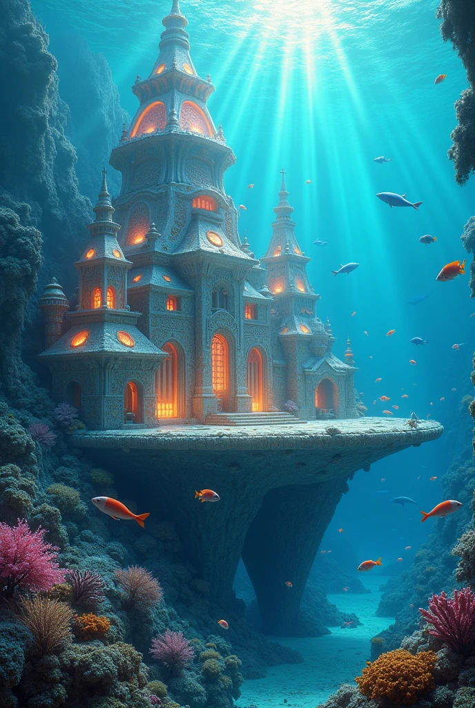 Imagine a vast underwater city built within a giant coral reef. The structures are a mix of bioluminescent organisms and advanced technology, with glowing spires, domes, and arches crafted from seashells and pearls. Schools of colorful fish swim through the streets, and giant, gentle sea creatures like whales and octopuses coexist with the city’s inhabitants. The light from the surface filters down in beams, creating a serene, dreamlike atmosphere.