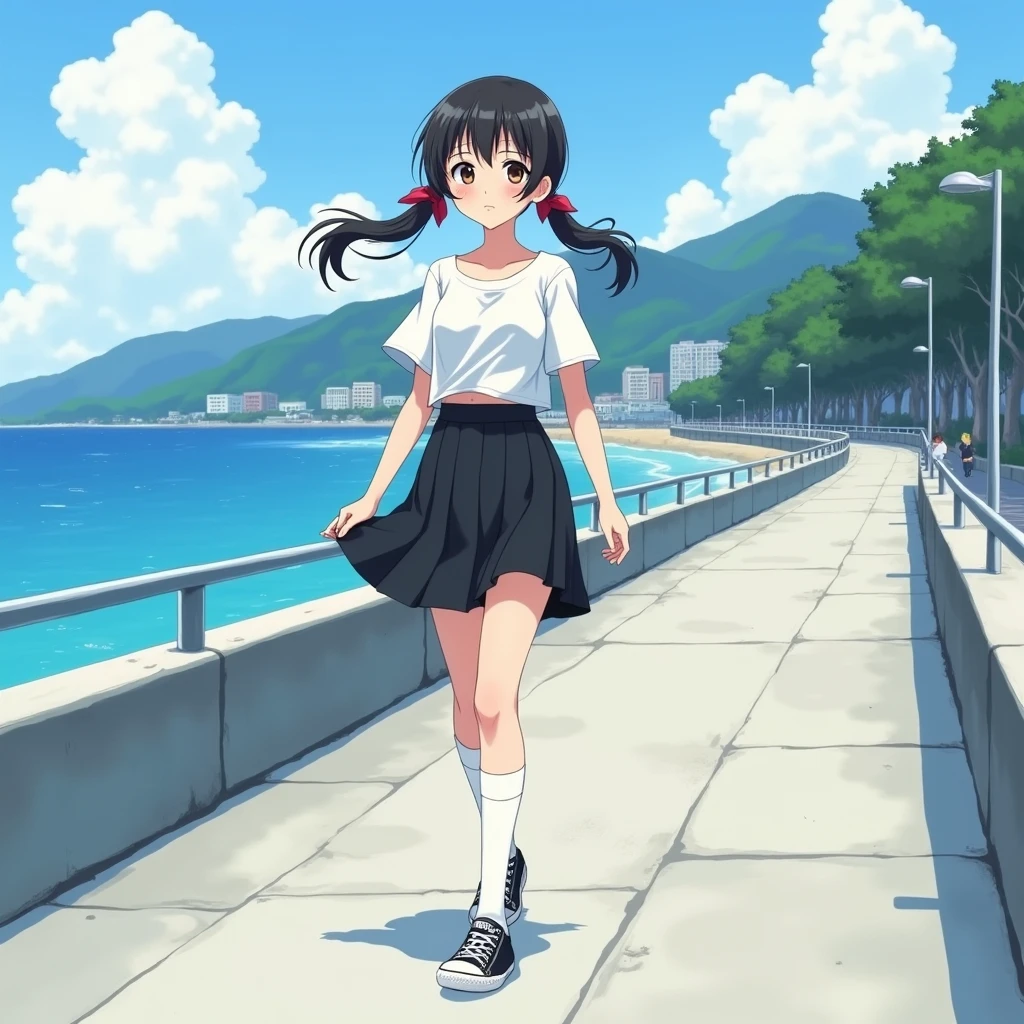Anime Style,
Ocean沿いを歩く一人の少女.
She is wearing a collarless, short-sleeved, unbuttoned white blouse., Wearing a black flared skirt,
Wearing white knee-high socks, Wearing sneakers.
Her hair is low twin tails with red ribbons, very long and black,
not high twintails, Not half-up.
Late s, Small breasts, Has dark brown eyes.
Concrete revetment, Ocean, Ocean岸線, Mountain, Streetscape,
Daytime, from front.