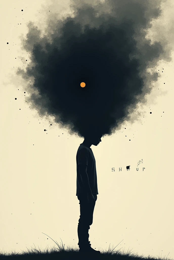 Make a wallpaper of a man with overthinking head don't show mans face make it minimal and make the head aura like blackhole make it animated art don't show any face only Shadow and make it full body add some text and a big shut up text inside the head