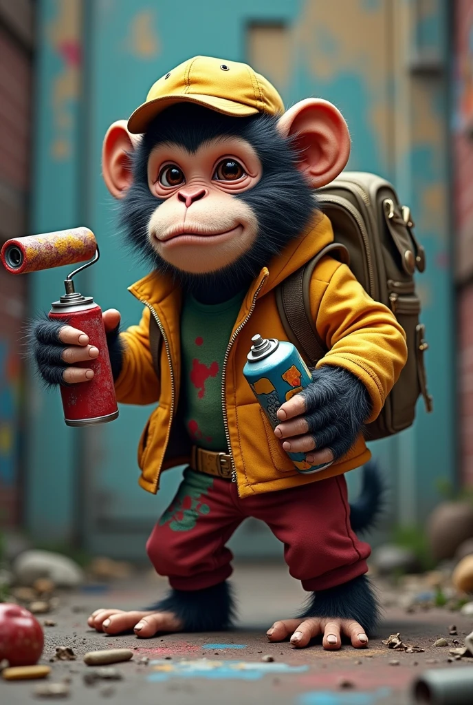 Monkey with graffiti outfit, cap and backpack, In the left hand a spray can and in the right a paint roller with extender, serious face