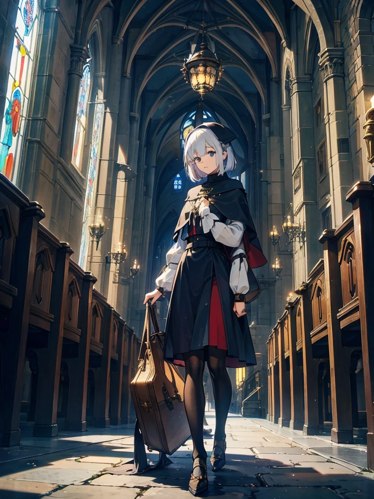 A huge cathedral under the moon、Stained glass、Chapel、Medieval streetscape,wide roadway、The sound of the bell rings out