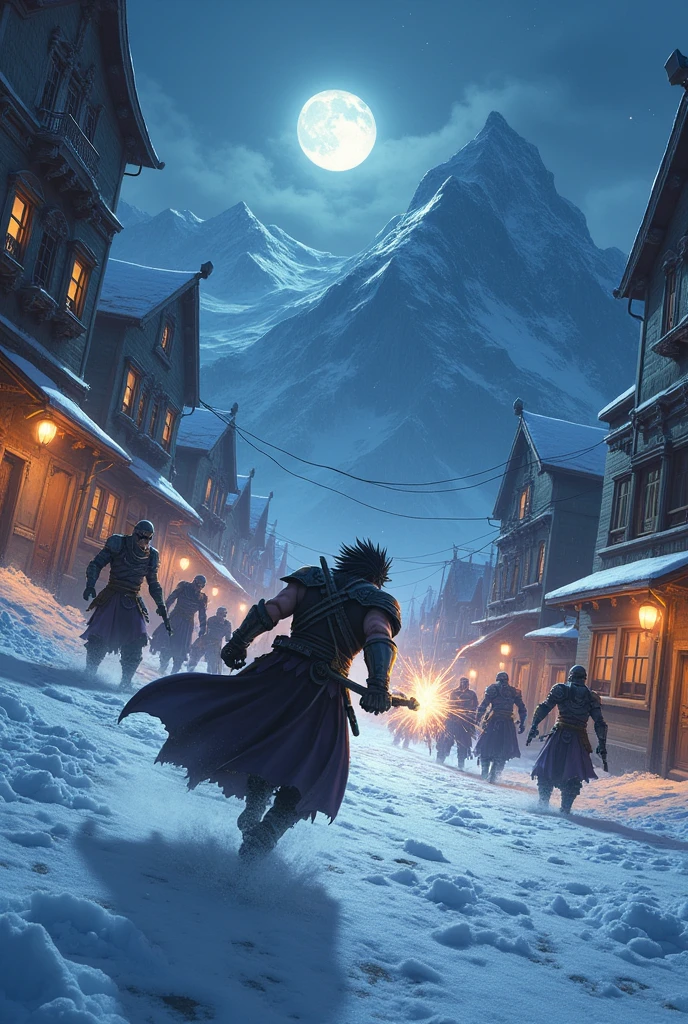 Locke from "Final Fantasy VI" is fighting the empire troops in the mountain city of Narshe. Snowy town at night, enemy troops also using Magitech armor from "Final Fantasy VI" and is firing magic beam to attack. Hyper detailed, UHD, octane render