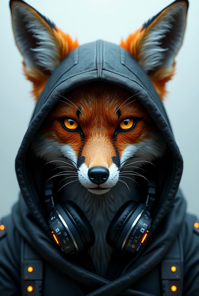 Hacker-like hooded fox facing front, technological style and with headphones