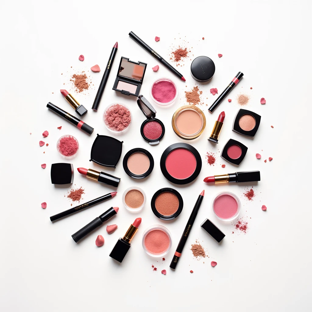 "Colorful cosmetics of various types neatly spaced on a white background, arranged to create a stylish, editorial look."