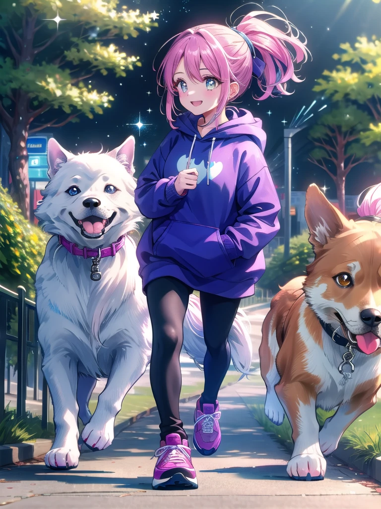 ((8k, Highest quality, masterpiece: 1.3)),Ultra-high resolution,(1 girl, alone), (Color changing eyes, Ultra-detailed, Expressive brilliance, Glitter, Glowing Eyes), Highly detailed eyes, Highly detailed face, Random Hair, ((pastel colour))The woman is a dog walker, seen in a local park with a group of happy, energetic dogs of various breeds on leashes. She’s walking briskly, keeping the dogs in line with a friendly, playful demeanor. The park is lively, with children playing and people jogging. She’s dressed casually in a hoodie, leggings, and comfortable sneakers, with her hair pulled back into a casual ponytail. She glances at the camera with a joyful, relaxed smile, clearly enjoying her time with the dogs.