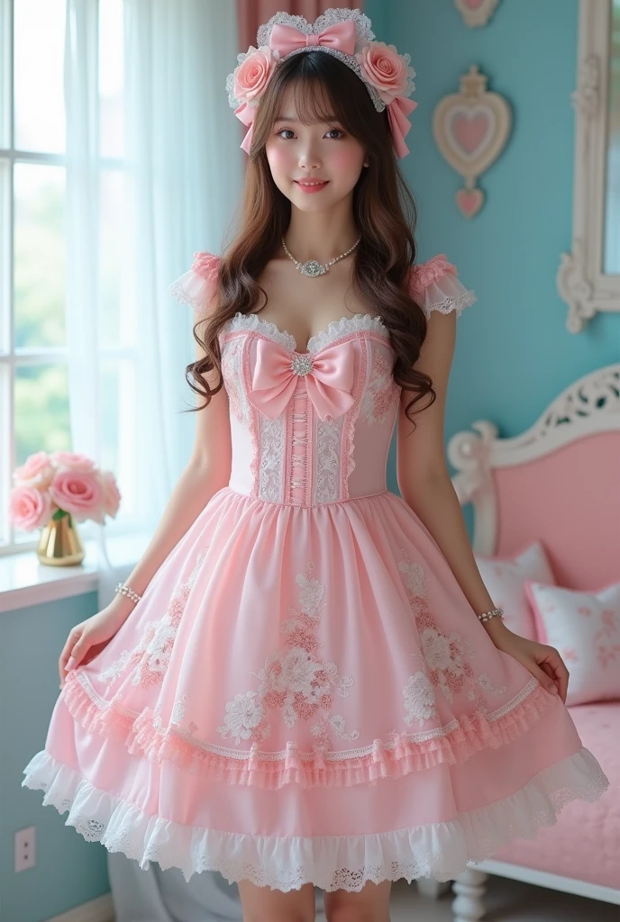 (Highest quality、masterpiece、8k、Best image quality、Hyperrealism、Award-winning works)、1 cute beautiful girl、(alone:1.1)、(1 photo:1.1)、(cute, Girlish, A sheer lolita dress in light pink and light blue:1.2)、(Cute Girlish big ribbon:1.1)、(Cute and luxurious hair accessories:1.1)、(The perfect Lolita dress with attention to detail:1.2)、(A cute dress with frills and ribbons:1.1)、(cute lolita dress with lace decorations:1.1)、(Cute Girlish lolita wavy hair:1.1)、(Low length:1.1)、(height: 140cm:1.1)、(Very large breasts:1.5)、(Glamorous Body:1.5)、(Big cleavage:1.5)、(Pink Roses:1.1)、(cute heart symbol:1.1)、Cute Lots of frills、(Big cute ribbon:1.1)、Accentuate your body lines、Slender body、Standing Elegantly、(Pastel color Girlish and luxurious lolita room background:1.1)、(A fairytale lolita room with attention to detail:1.1)、(cute light blue decorative wall:1.2)、(cute room with a Girlish atmosphere in pastel colors:1.1)、(cute room with very bright and shiny pastel colors:1.4)、(A very bright and shiny room:1.2)、(Full of pastel colors:1.2)、(very bright and vivid:1.4)、(cute pastel color wall decoration:1.2)、Blurred Background、Standing Elegantly Girl、Accurate anatomy、Perfect Makeup、Long eyelashes、Glossy Lips、Ultra HD glossy skin、(Ultra-high definition, bright and beautiful skin:1.2)、(Super bright and radiant skin:1.2)、Ultra-high definition glossy lips、Ultra-high definition beautiful teeth、Light brown and blonde hair、Light brown eyes